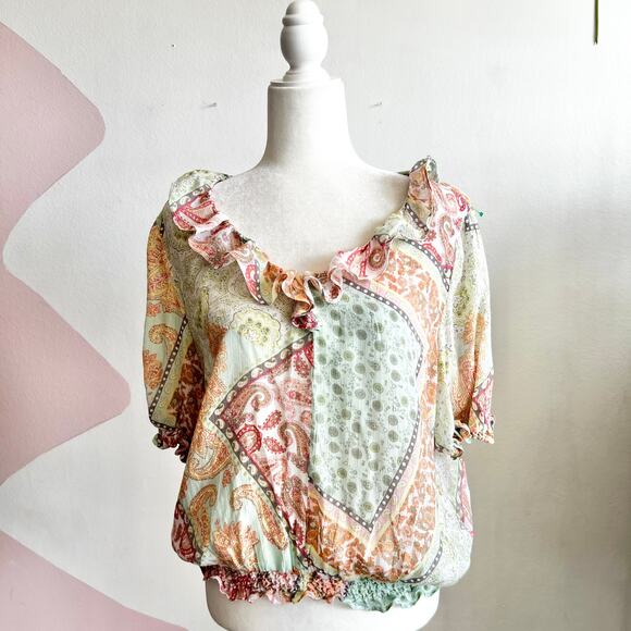 Olivia & Martin Tops - Olivia Martin Sheer‎ Paisley Ruffle Top Y2K Boho Indie Vintage Festival XL